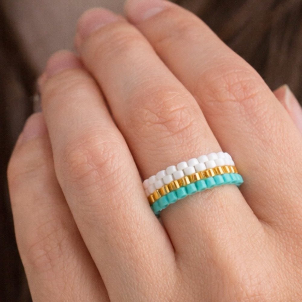 Handmade Turquoise & Gold Beaded Ring – Minimal Stackable Jewelry
